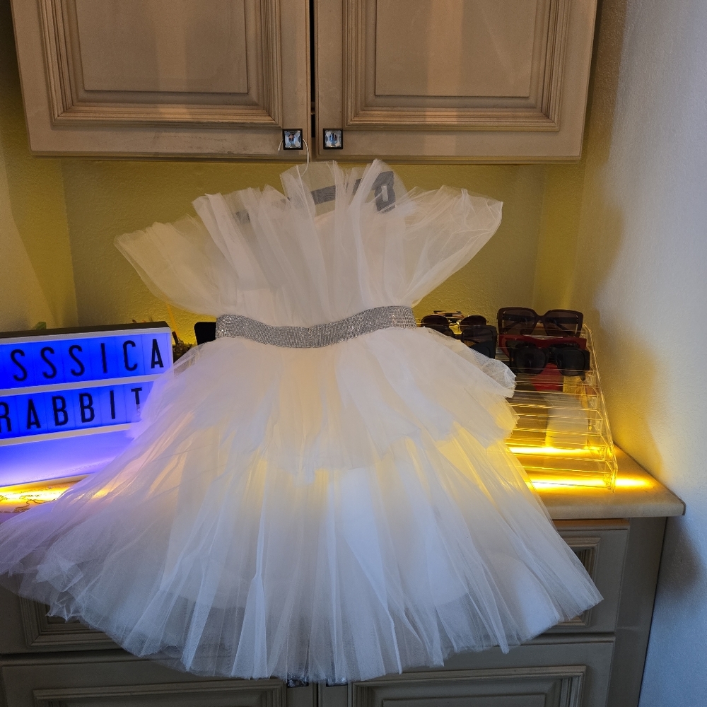 Mable White Tulle Mini Dress with Rhinestone Silver Waist Detail